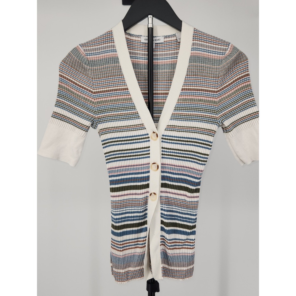 Veronica Beard Striped Ribbed Cotton Short Sleeve Cardigan XS Multi-Color V-Neck